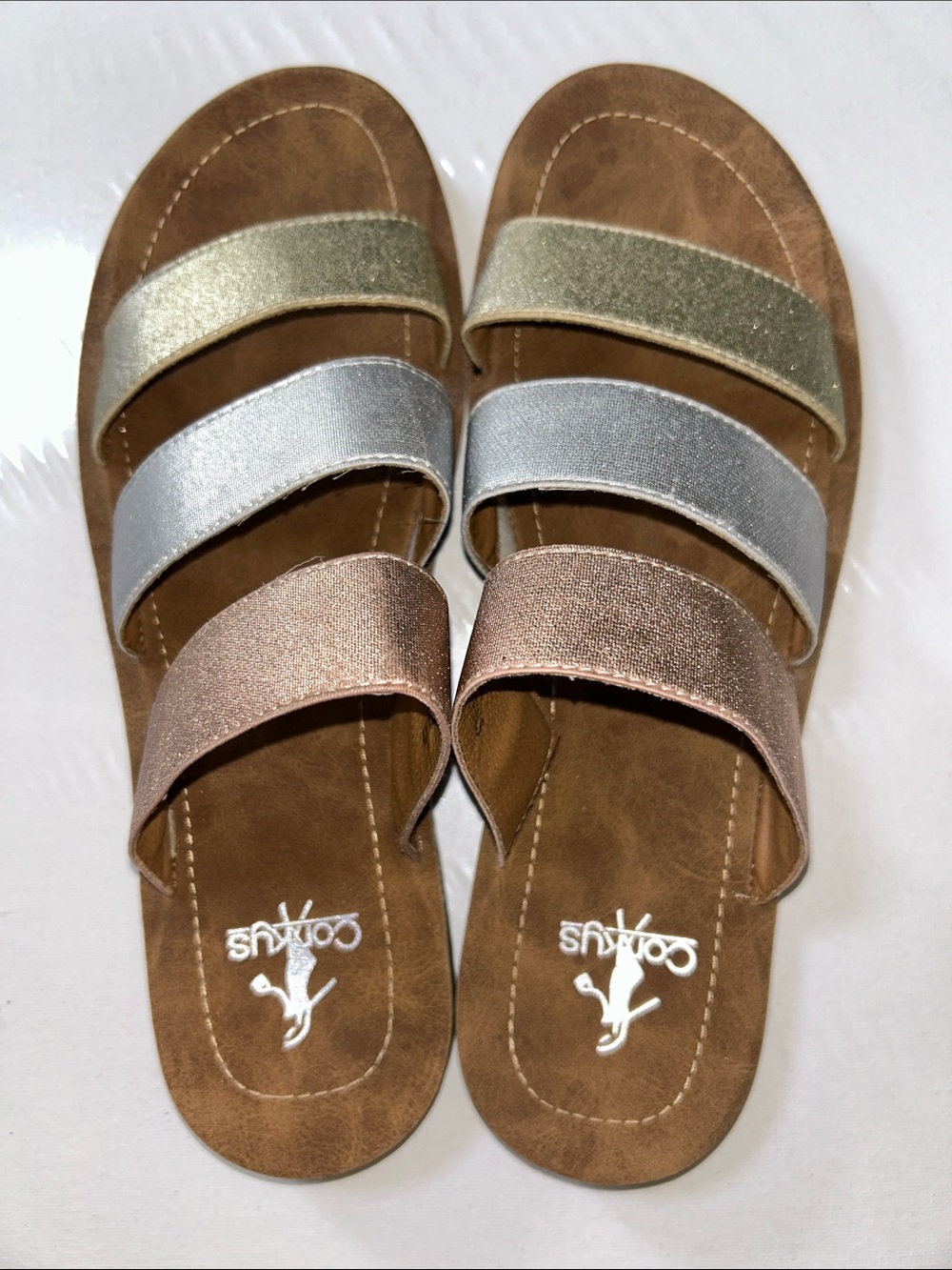 NWOB Corkys Daphne Tri-Strip Metallic Slide Sandals in Gold, Silver, Rose Gold